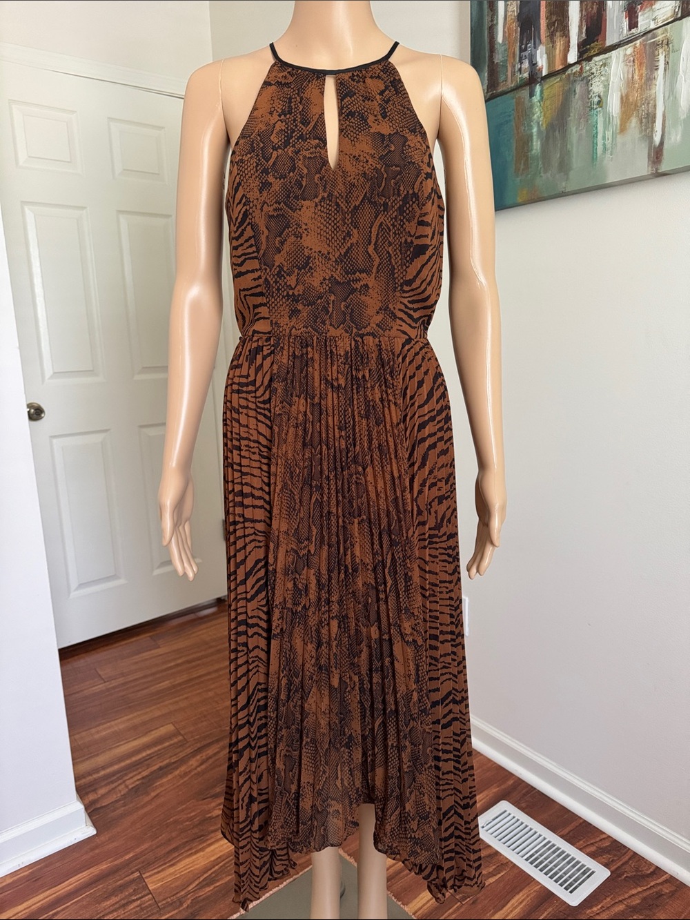 WHBM Brown Animal-Print High-Low Midi Halter Dress